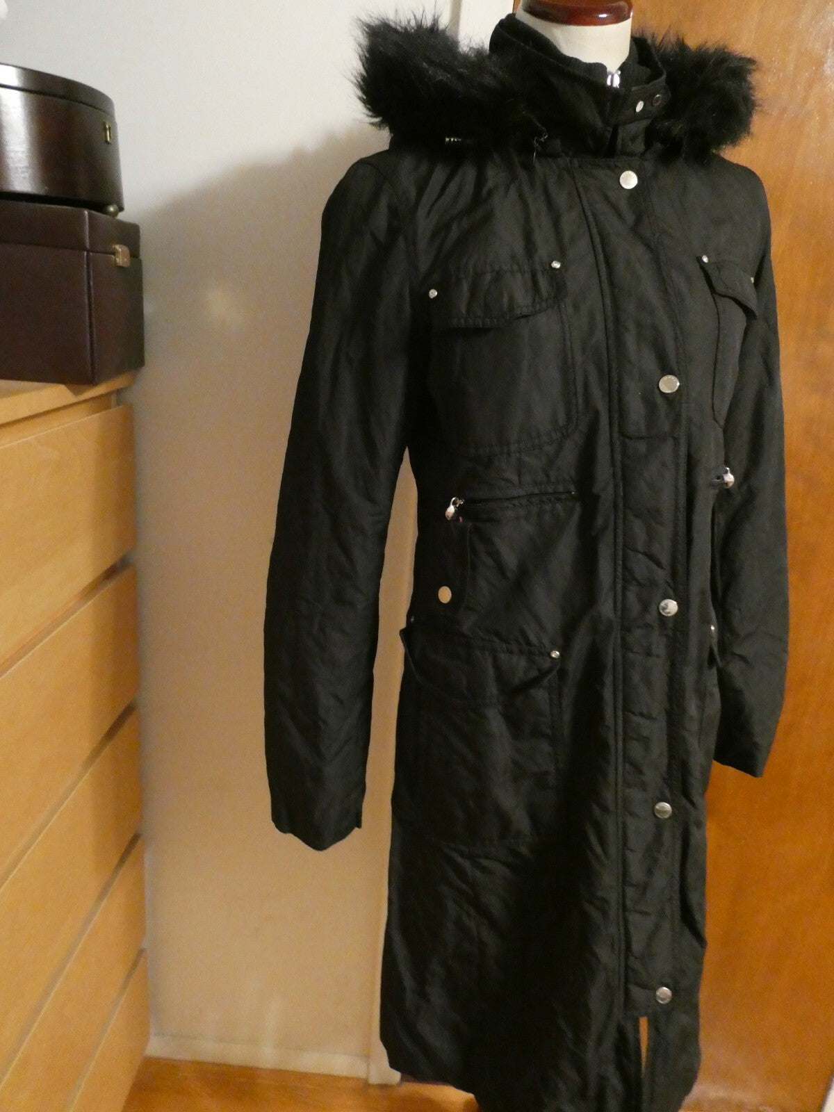 Laundry By Shelli Segal Women's Black Long Winter Coat Removable Hood Medium