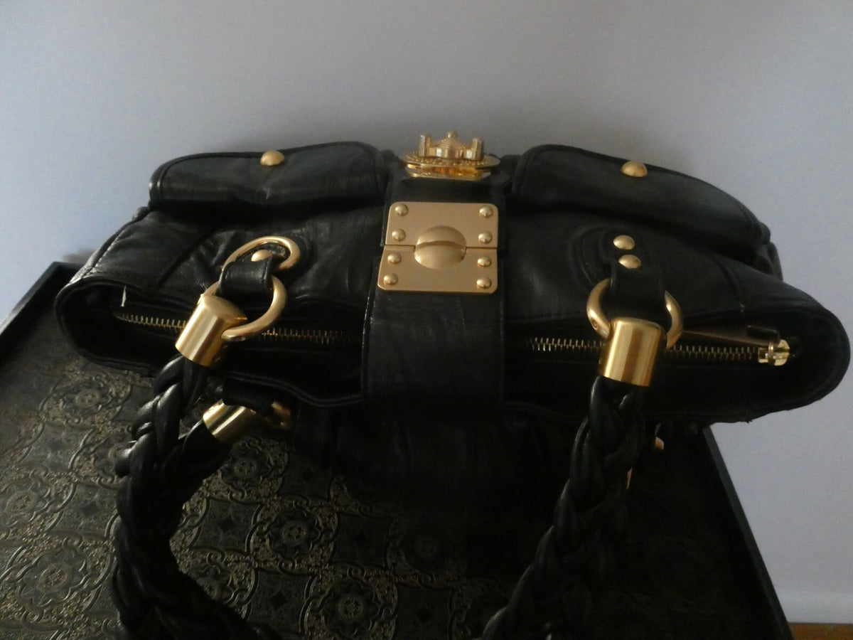 Steven by Steve Madden Women’s Black Genuine Leather Shoulder Bag Gold Turn Lock