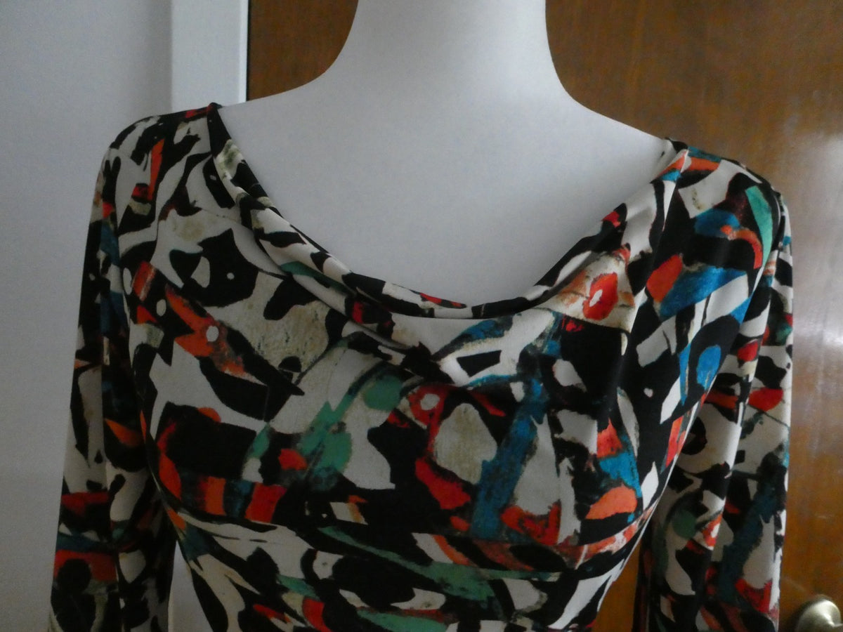 Tahari Arthur S Levine Dress Size 2 Abstract Print Ruched Sheath Career Cocktail