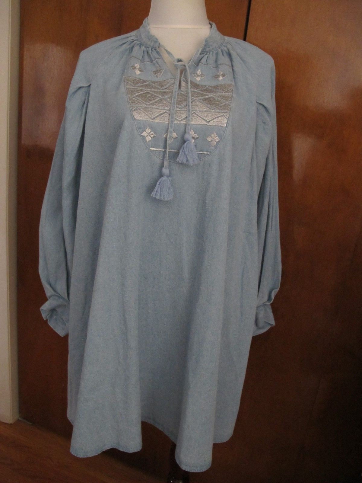 Anthropologie Knitted&Knotted Women Chambray Dress Embroidered Cotton Loose Fit