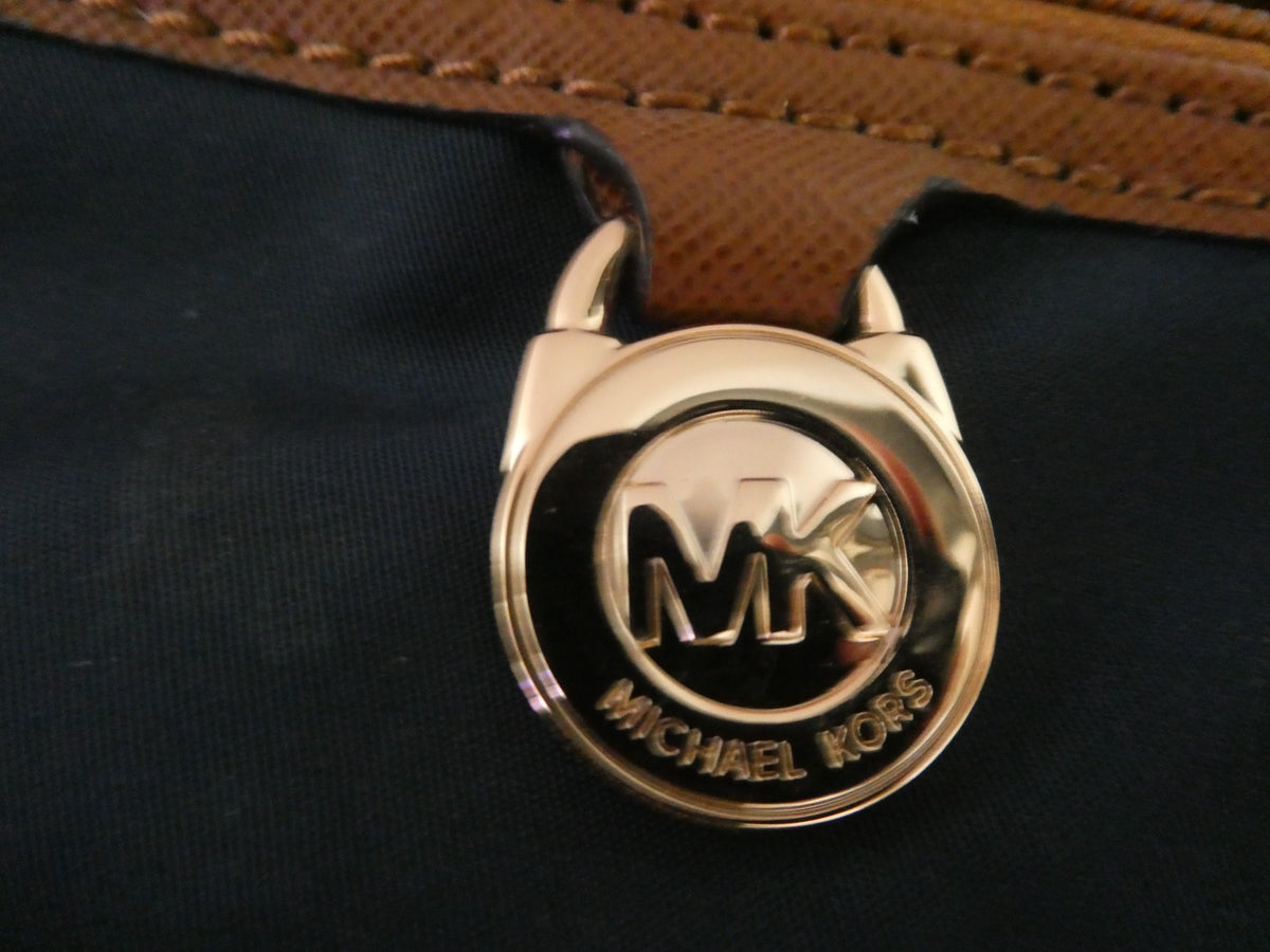 Michael Kors Navy Nylon Crossbody Bag Brown Trim 5 Pocket Gold Tone EUC