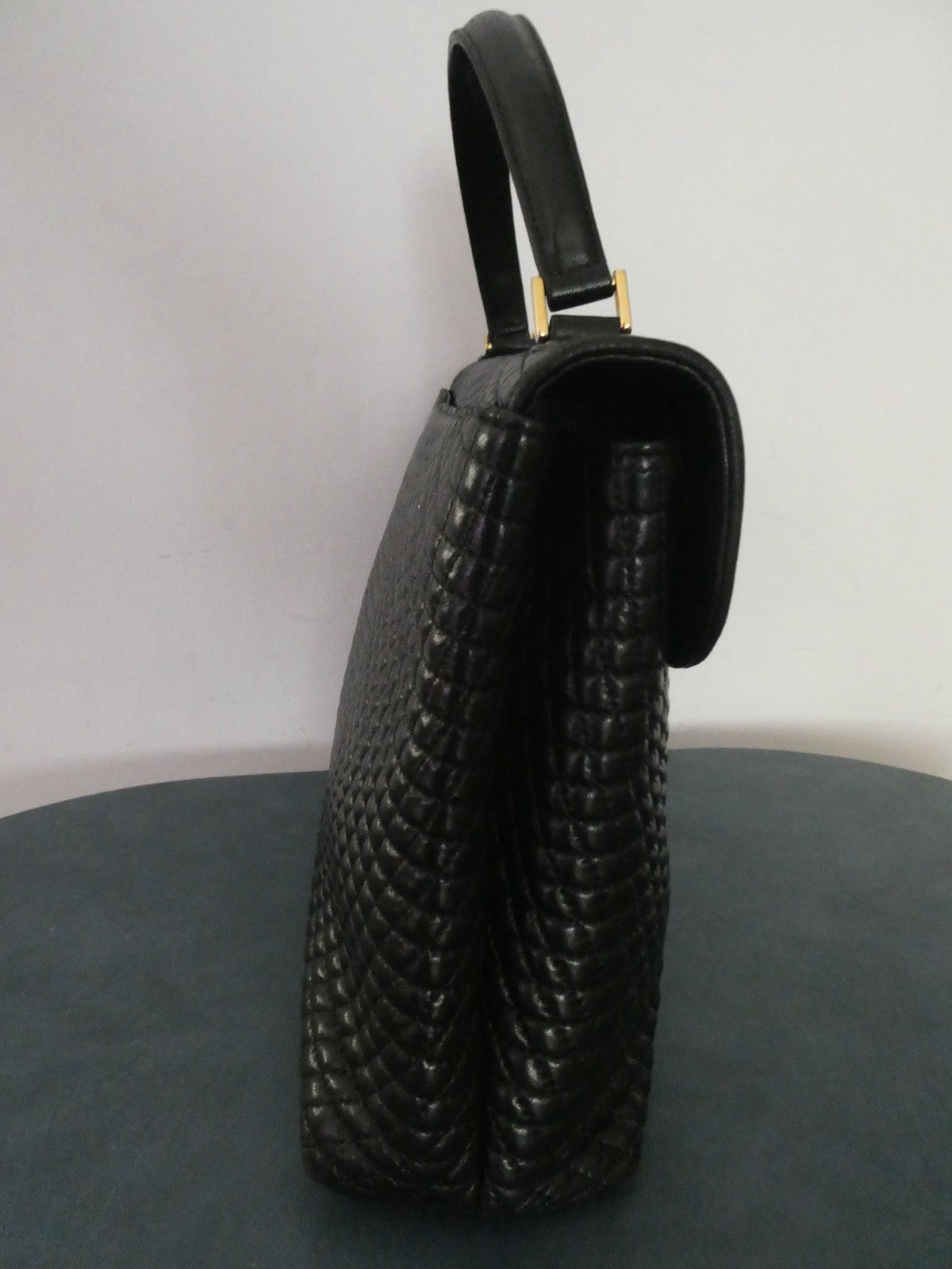 Vintage Bally Women's Black Quilted Leather Top Handle Handbag Gold Tone Italy