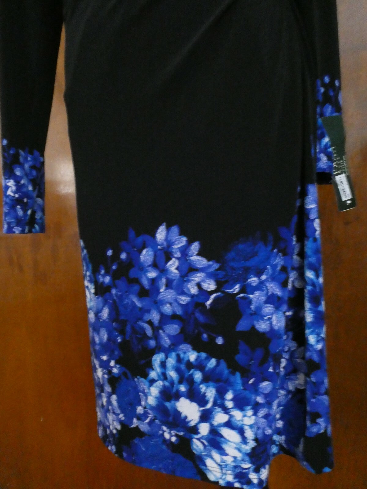 Ralph Lauren women black/blue floral lined stylish gathered long sleeve dress  