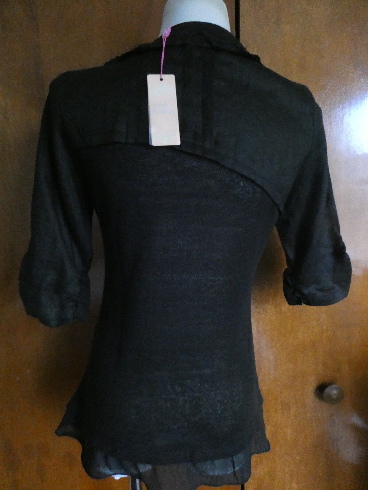 Pink Phoenix Women Black 100% Linen Small 3/4 Sleeve, Button Up, Semi Sheer Top