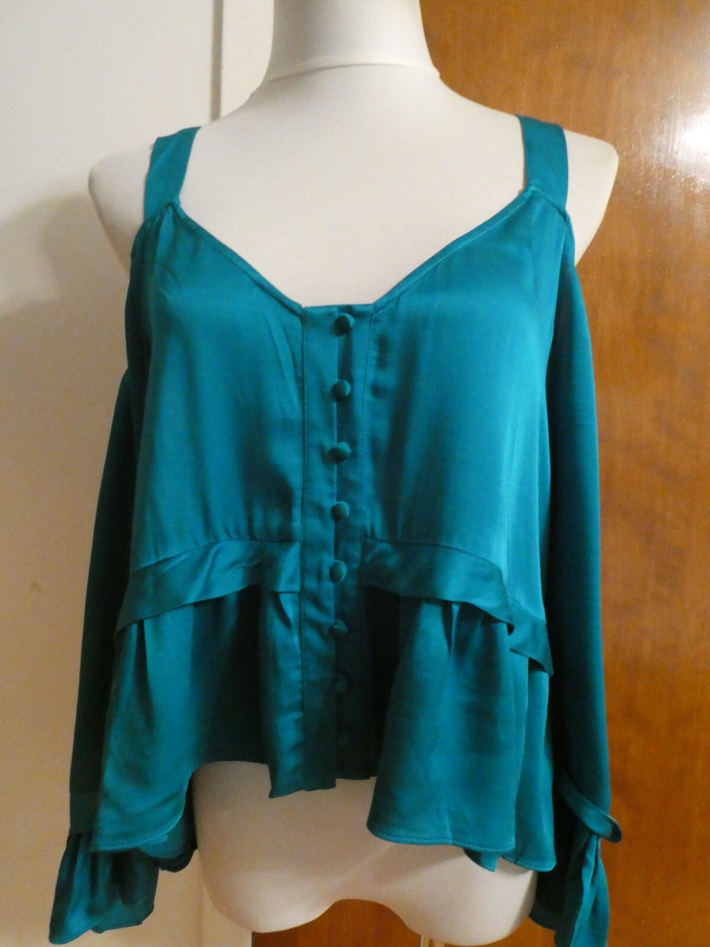ANTHROPOLOGIE MAEVE Green Open Shoulder Blouse Top LP