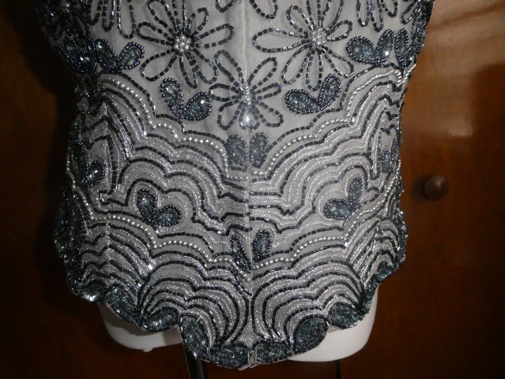 Papell Boutique Women Gray Evening 100% Silk Beaded Party Top Sz XL (fits M/ L)