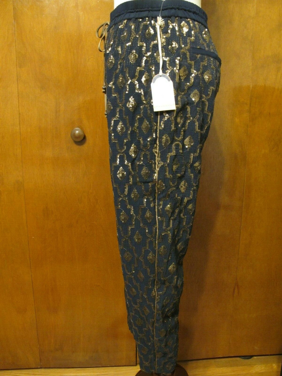 Anthropologie Women's Navy Marin Evening Gold Sequin Evening Lined Pants Small