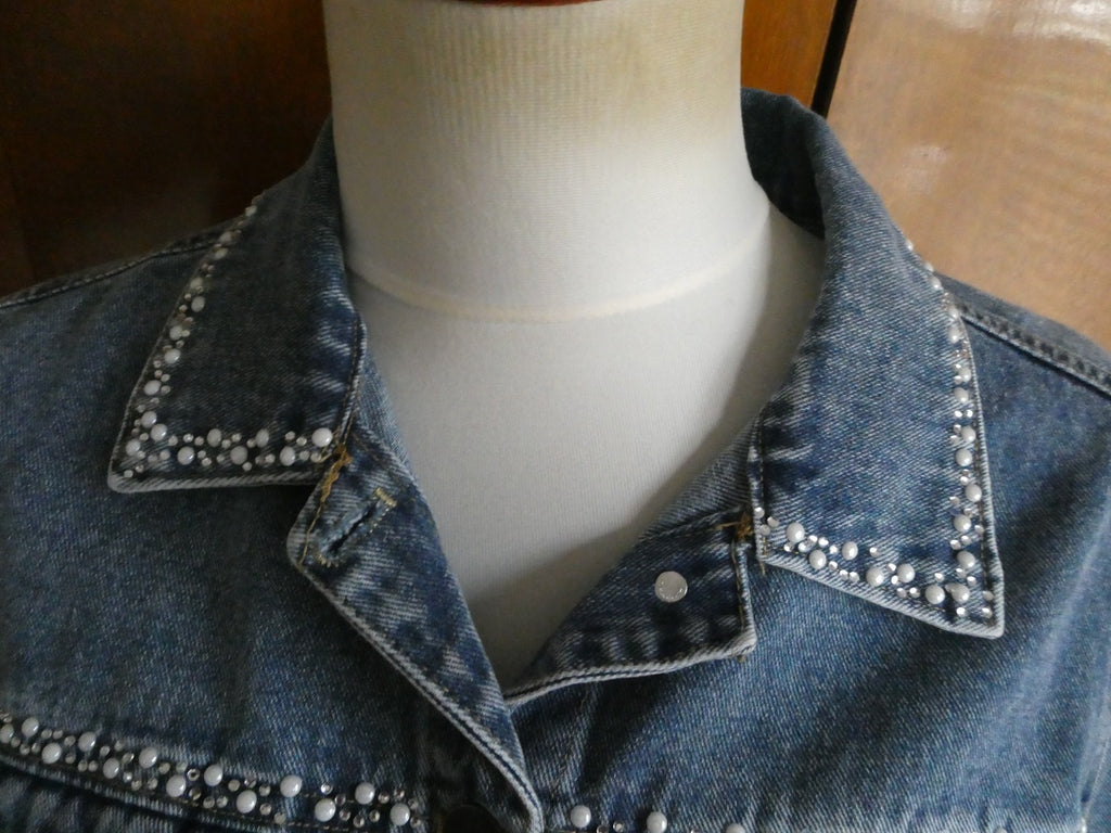 Alexis Taylor Women 100% Cotton Beaded Jeans Blazer Jacket Blue XLarge (fits L)