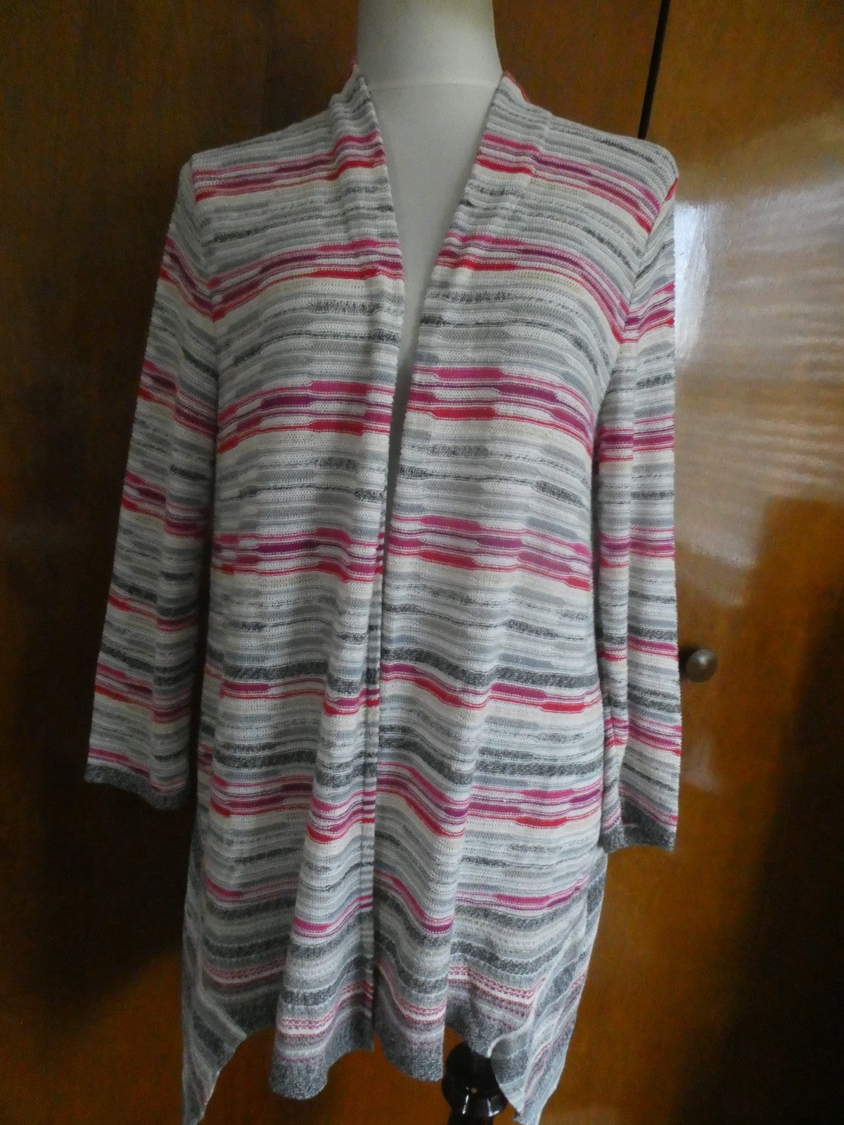 Nic + Zoe Women Linen Blend Open Front Multicolor Long Sleeve Cardigan Large