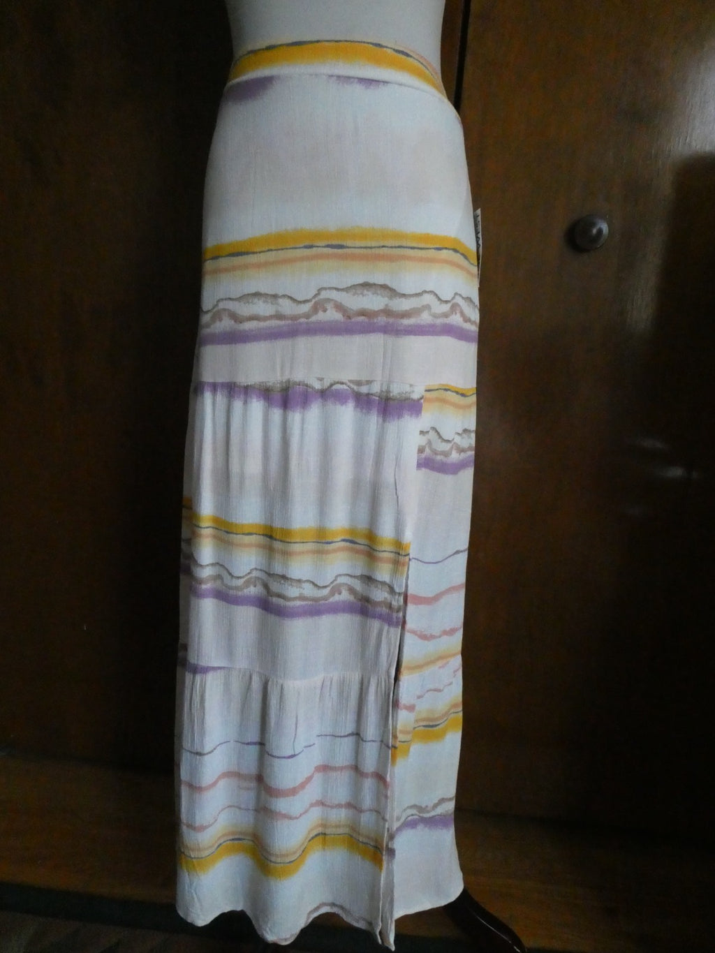 Nine West Women Maxi Skirt Tiered Side Slit Elastic Waist Multicolored Small $40