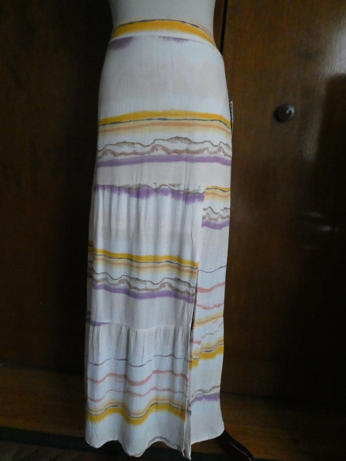 Nine West Women Maxi Skirt Tiered Side Slit Elastic Waist Multicolored Small $40