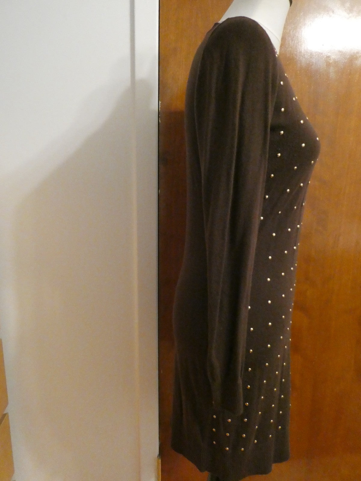 Michael Kors Studded Sweater Dress Size 2 Brown Gold Studded Long Sleeve Bodycon