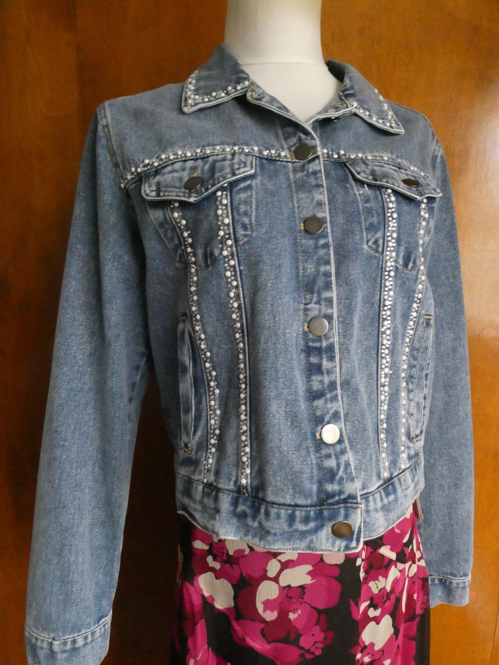 Alexis Taylor Women 100% Cotton Beaded Jeans Blazer Jacket Blue XLarge (fits L)
