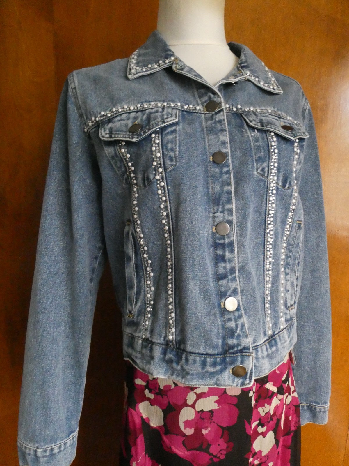Alexis Taylor Women 100% Cotton Beaded Jeans Blazer Jacket Blue XLarge (fits L)