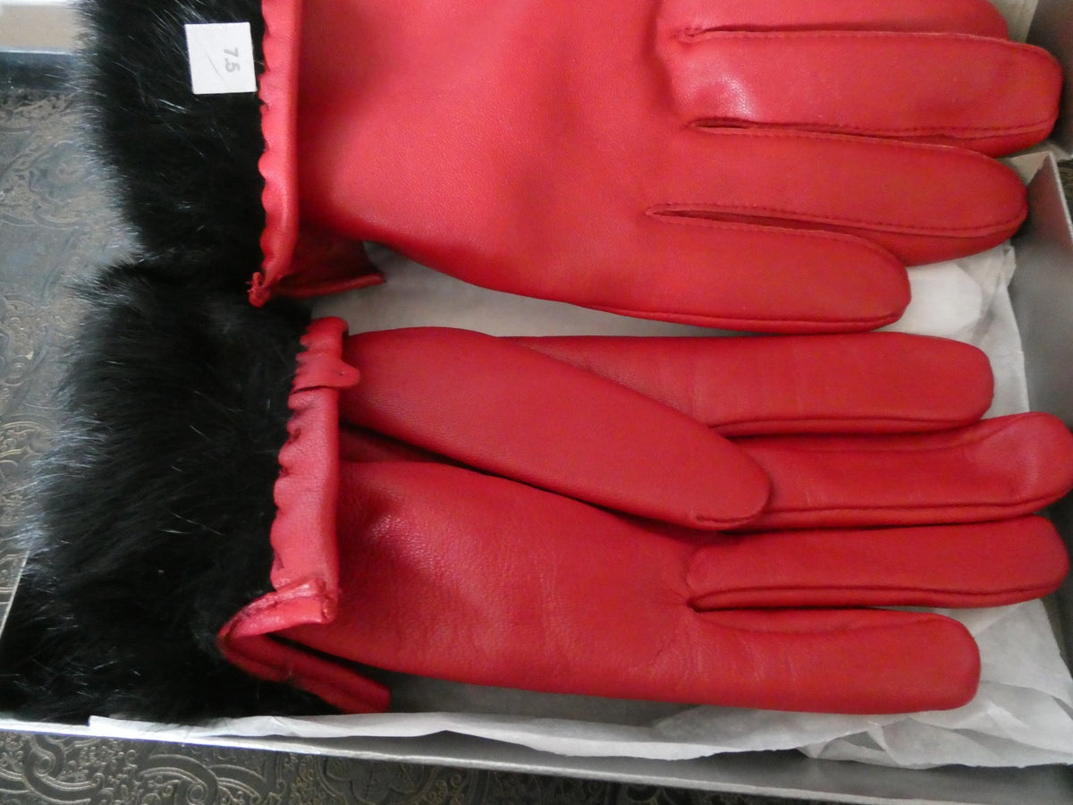 Vintage Charter Club Red Genuine Leather Gloves 7.5 Real Rabbit Fur Cuff New Box