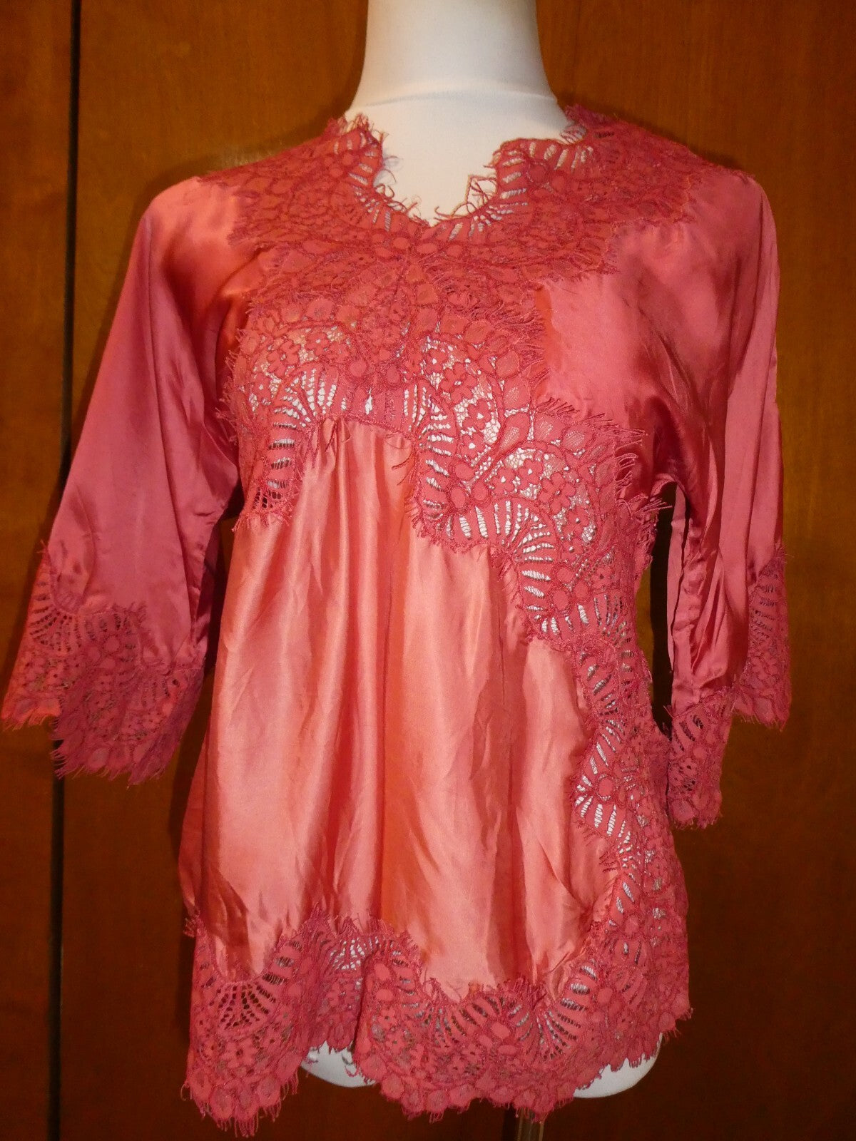Moulinette Soeurs Anthropologie Womens Orange Satin Lace V-Neck Blouse Sz Small