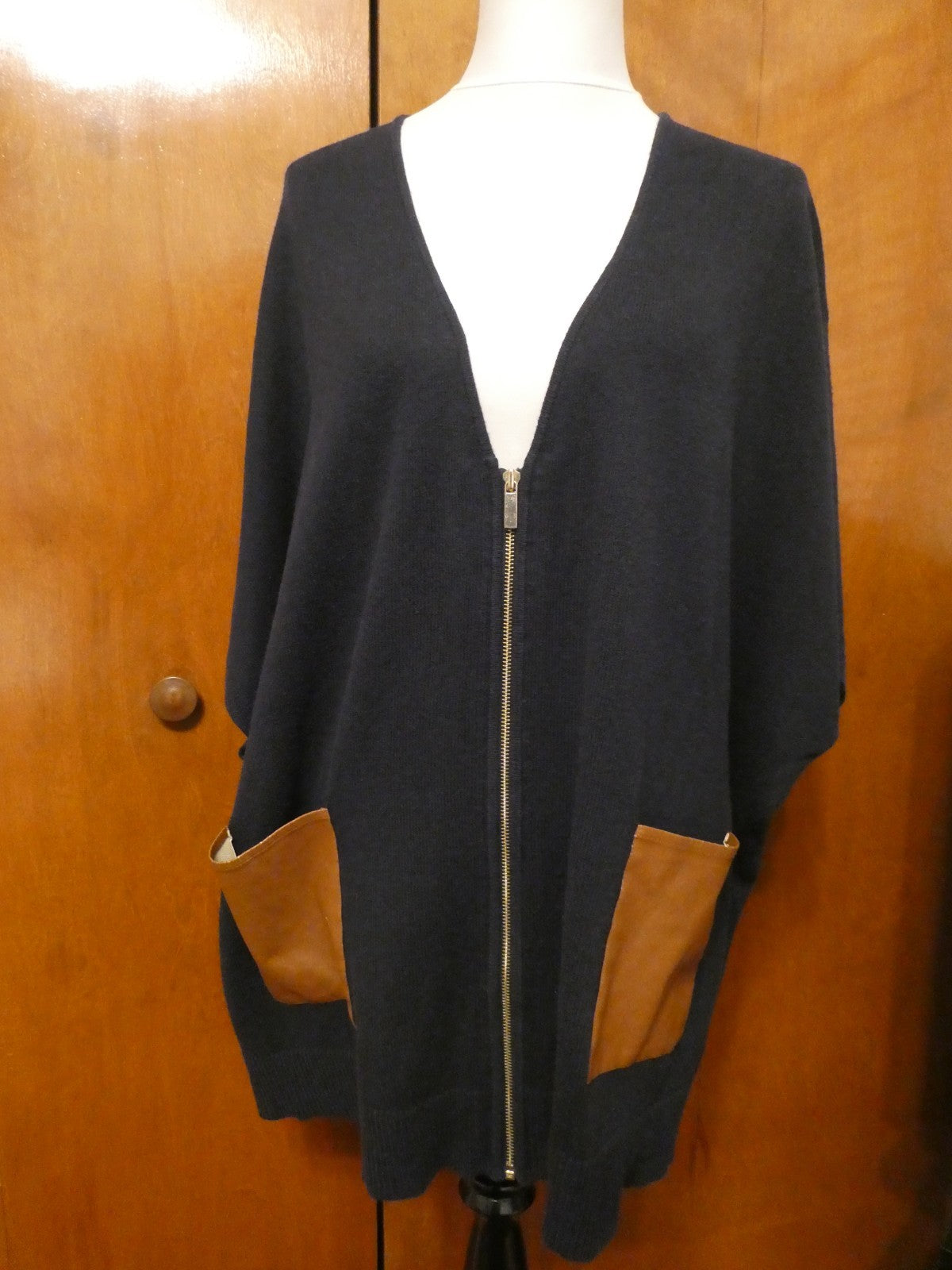 Ann Taylor LOFT Sweater Cardigan M/L Black Zip Front Faux Leather Pocket Dolman