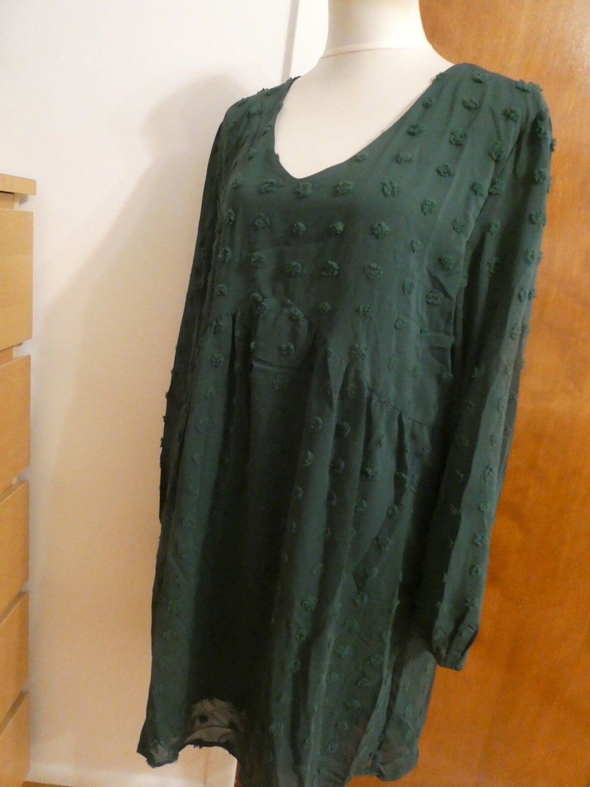KIRUNDO Women’s Green long Sleeves Mini V Neck Flowy Swiss DOT Babydoll Dress XL