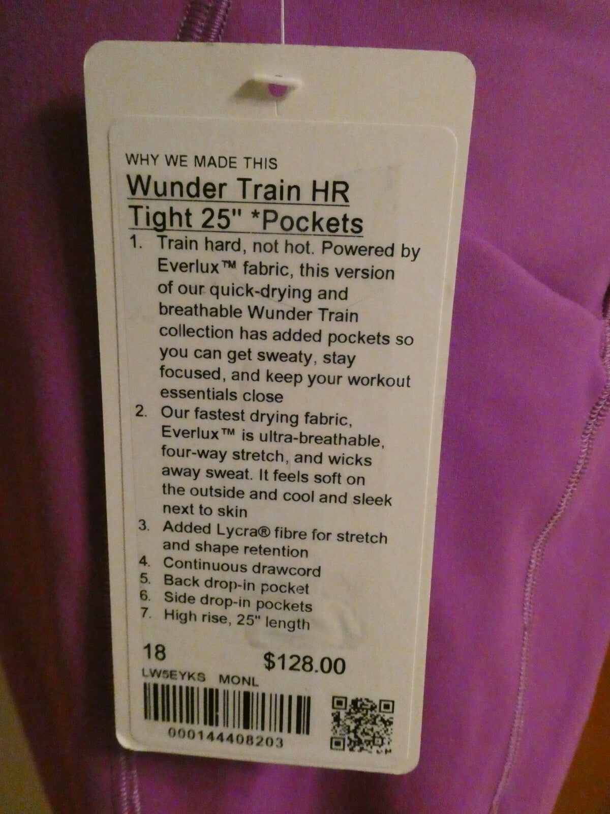 Lululemon Wunder Train HR Tight 25" Moonlit Magenta Size 18 With Pockets