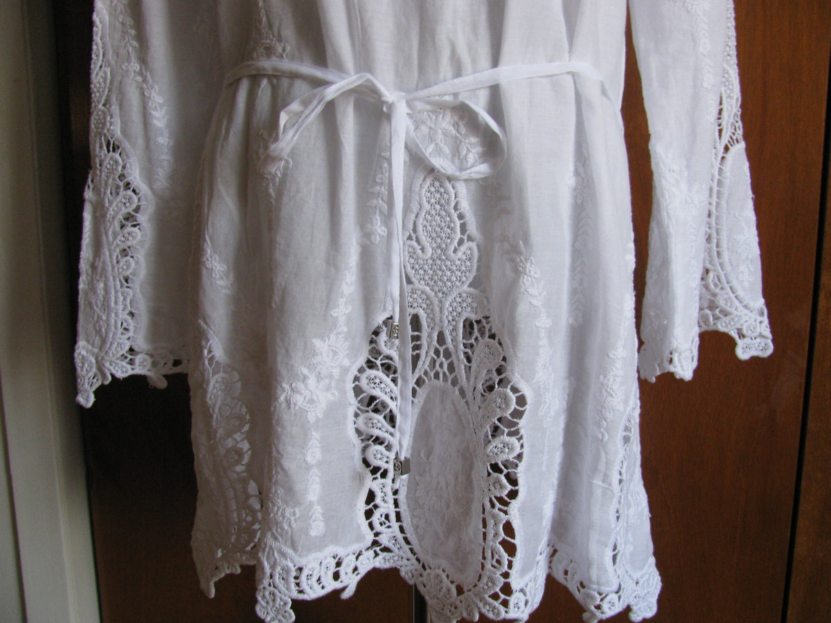 Michael Kors women's white embroidered cotton mini long sleeves dress New