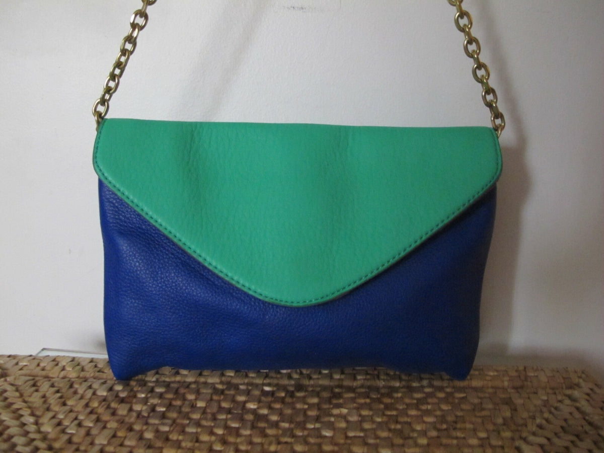 J CREW Women's Blue Green Pebbled Leather Shoulder Tote Bag Clutch Purse