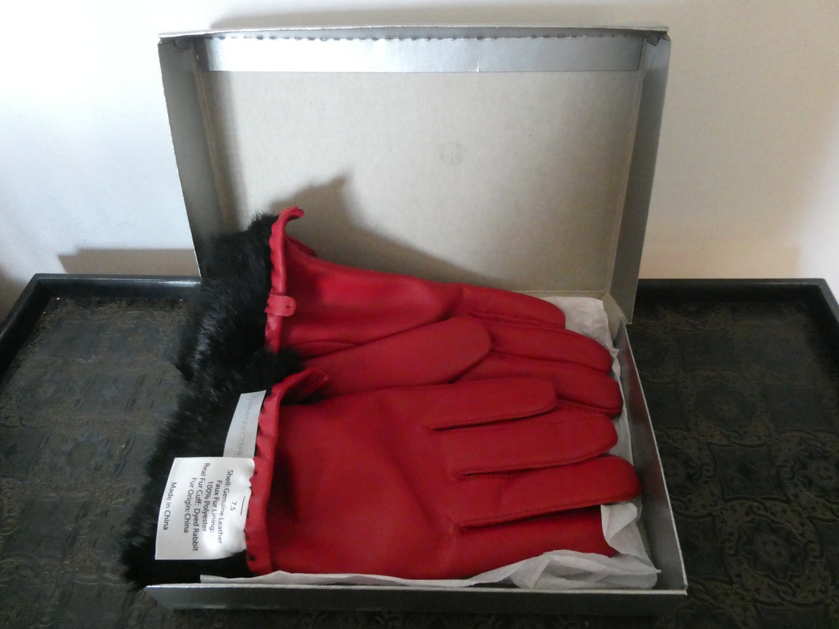 Vintage Charter Club Red Genuine Leather Gloves 7.5 Real Rabbit Fur Cuff New Box