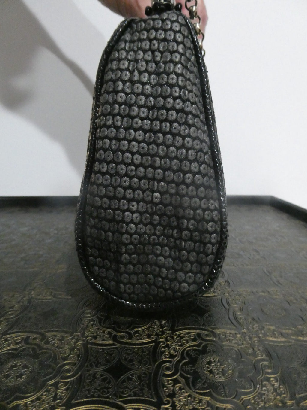 Grace Ann Agostino Vintage Womens Black Woven Leather Bag Purse Silver Tone Deco