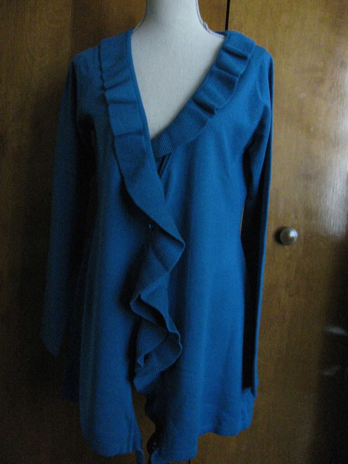 One A women's moroccan blue ruffle detailed  long cardigan Sz Large New