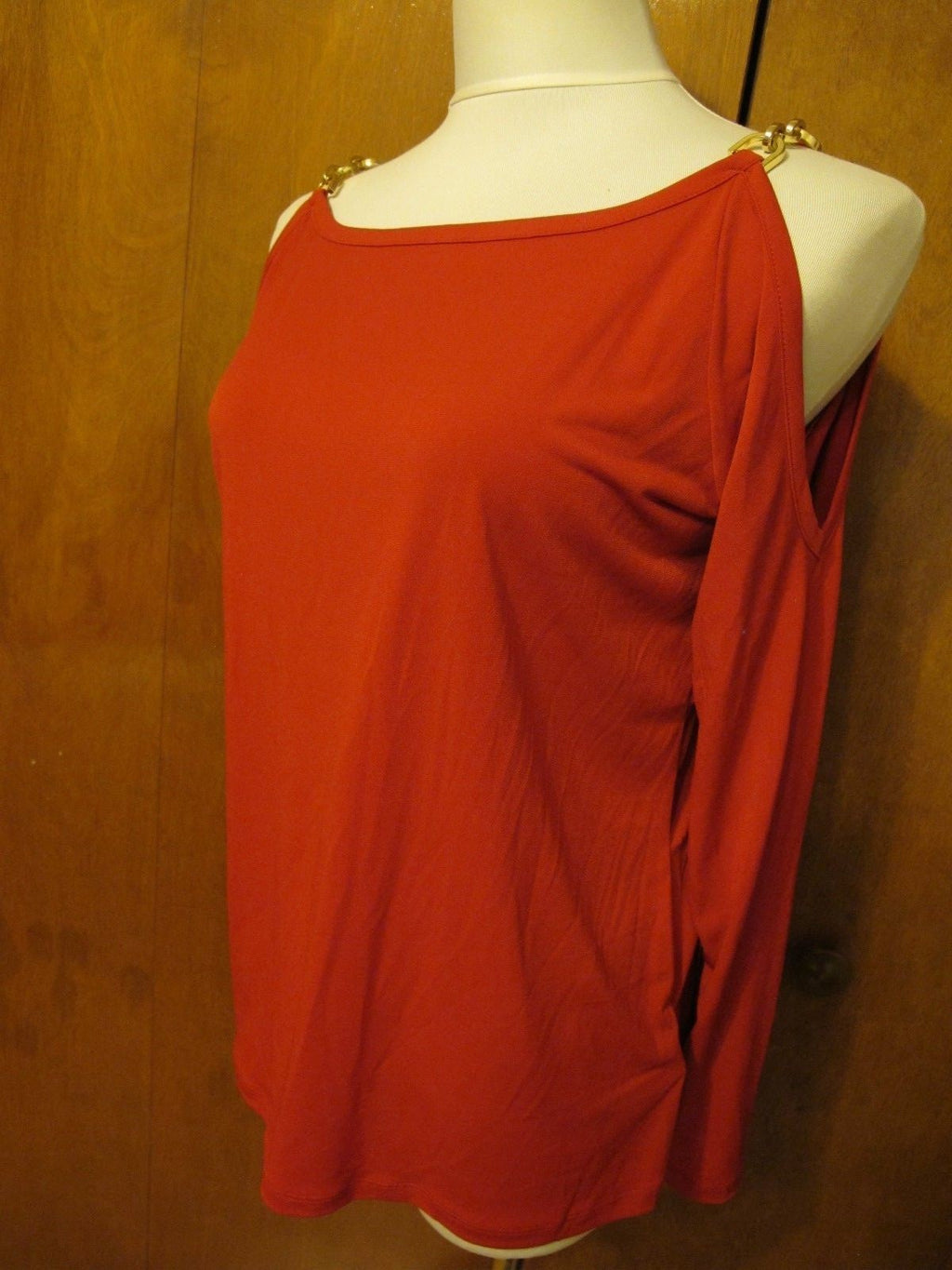 Michael Kors women’s red chain trim gold shoulder top New