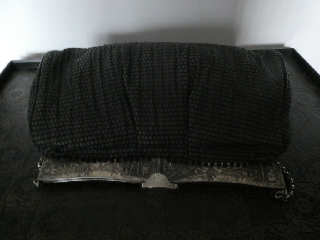 Grace Ann Agostino Vintage Womens Black Woven Leather Bag Purse Silver Tone Deco