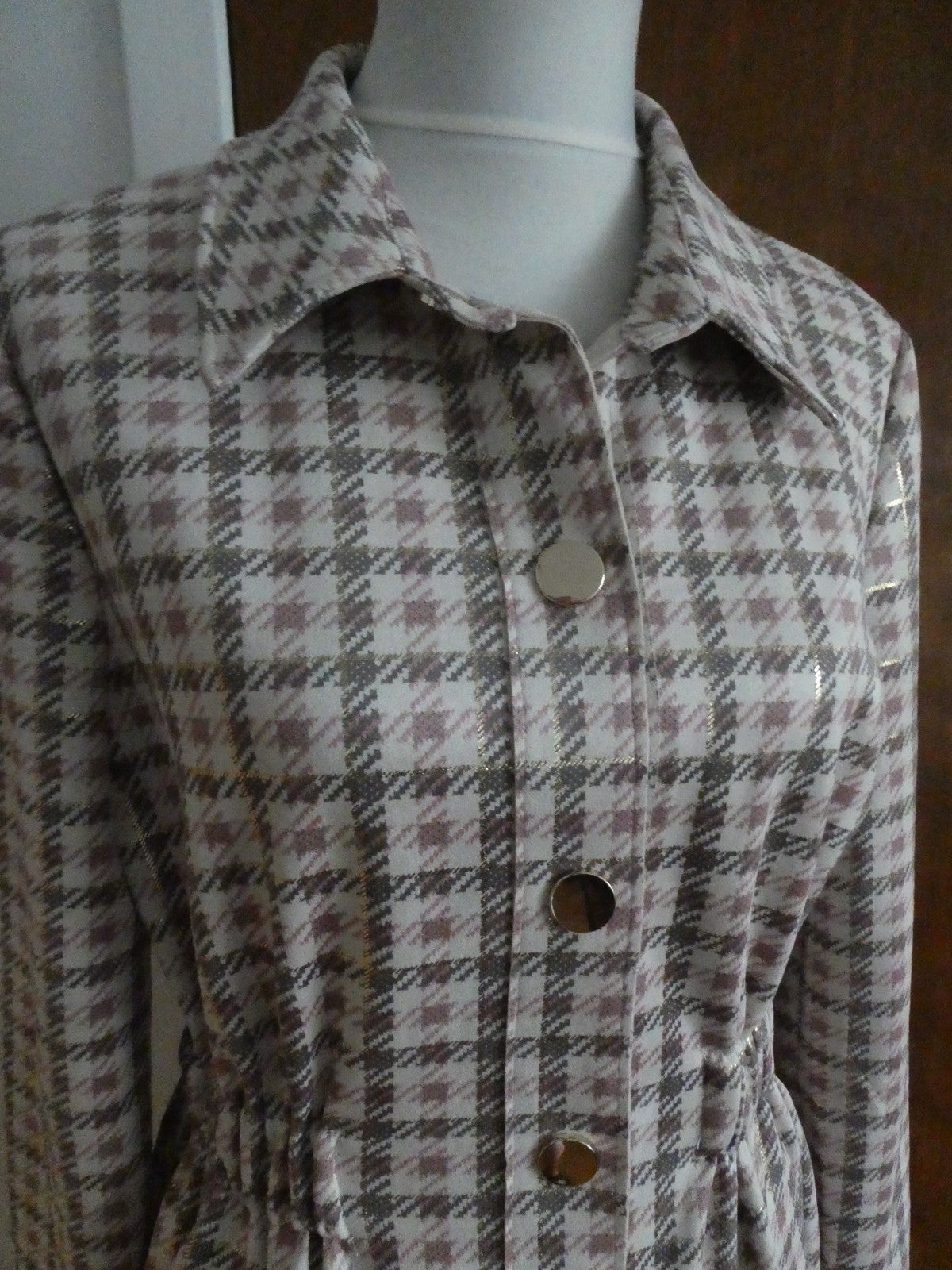 Aliceblue Women’s Plaid Long Jacket Coat Gray Pink Gold Snap Stretch Size Small