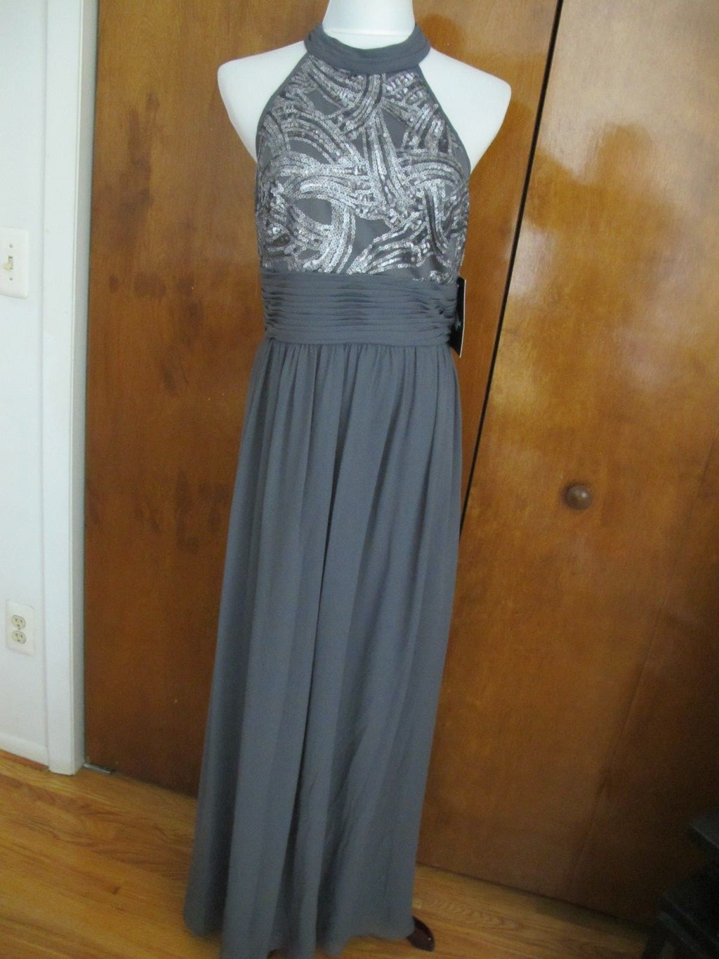 JS Boutique women's gray maxi evening sequined mesh dress size 10 