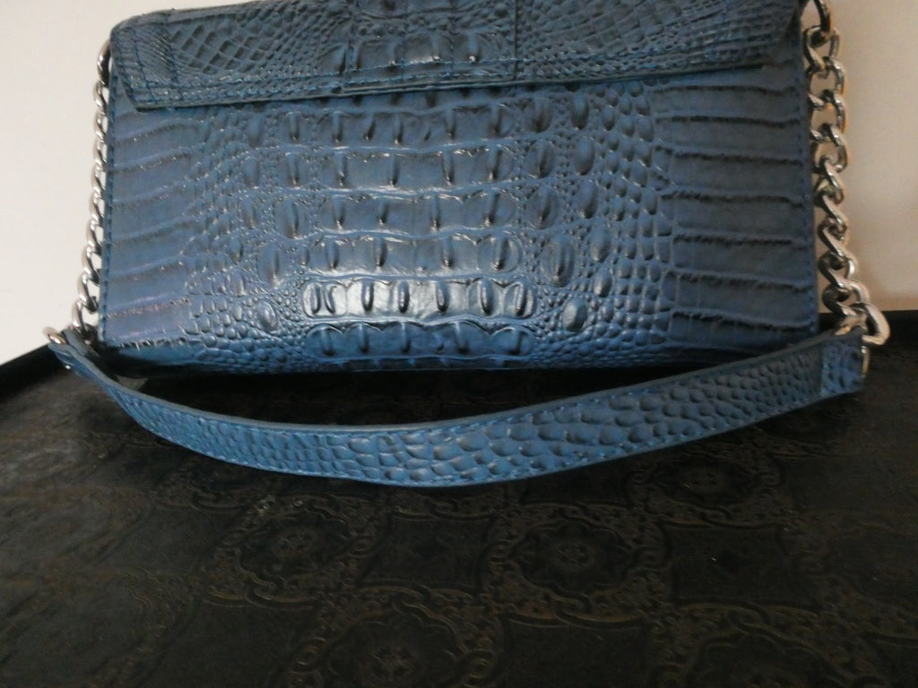 Mark Fisher Women’s Purse Handbag Blue Croc Print Faux Chain Clutch Silver Snap