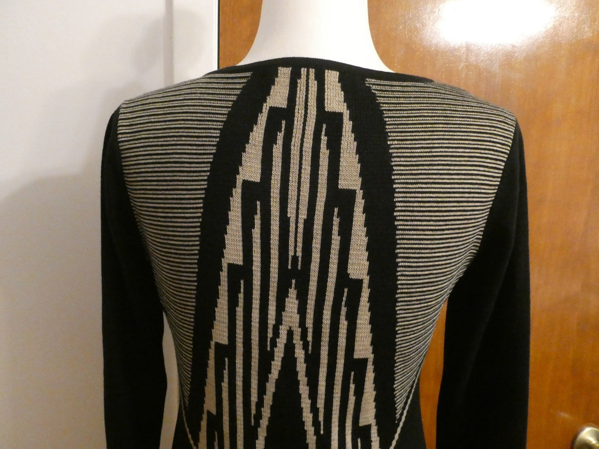 Ivanka Trump Sweater Knit Dress Women Black Beige Geometric Long Sleeve Bodycon