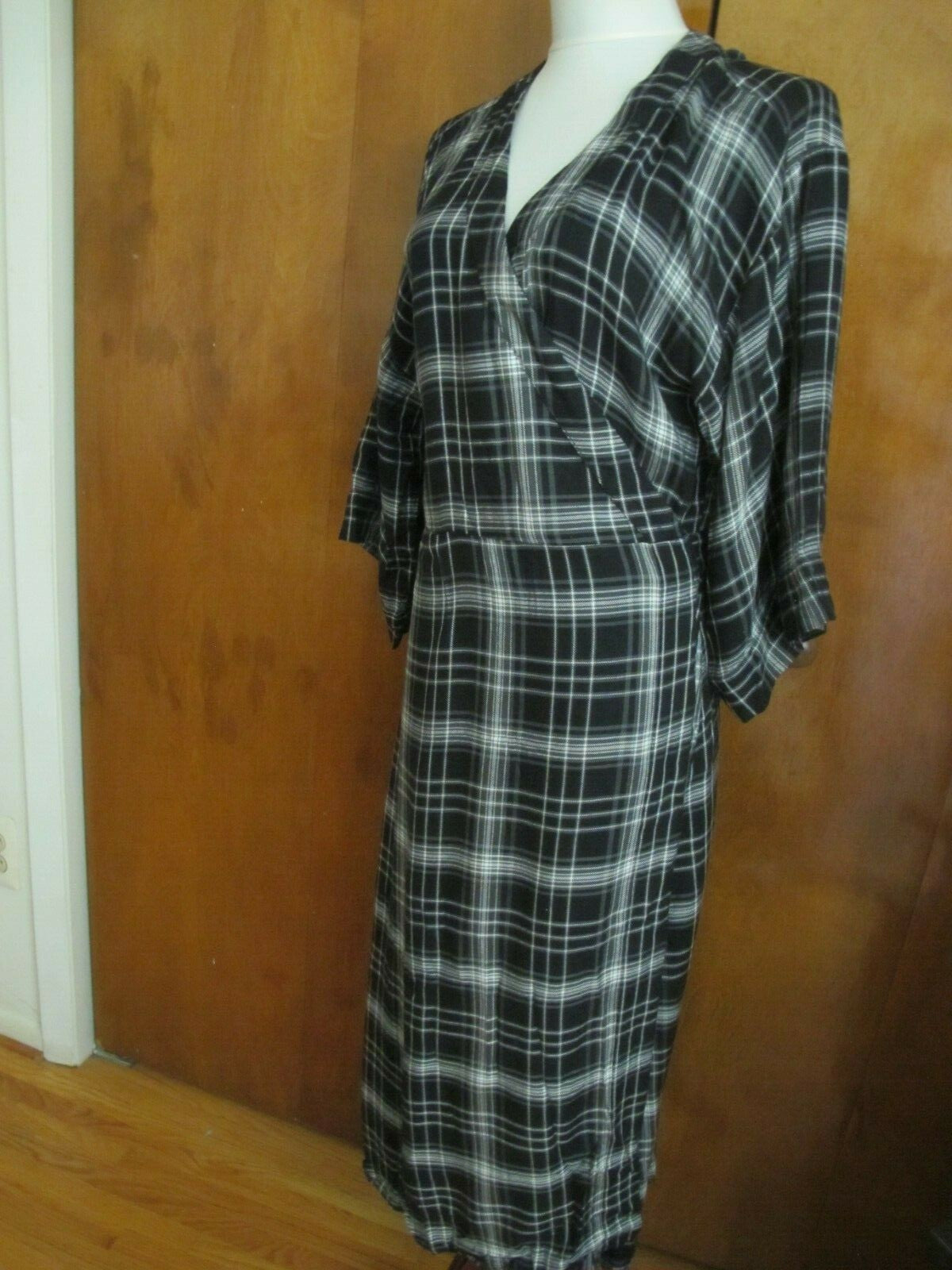 Gap Women's Black Plaid 3/4 Sleeves Tie-Waist Midi Wrap Dress Tall Large 