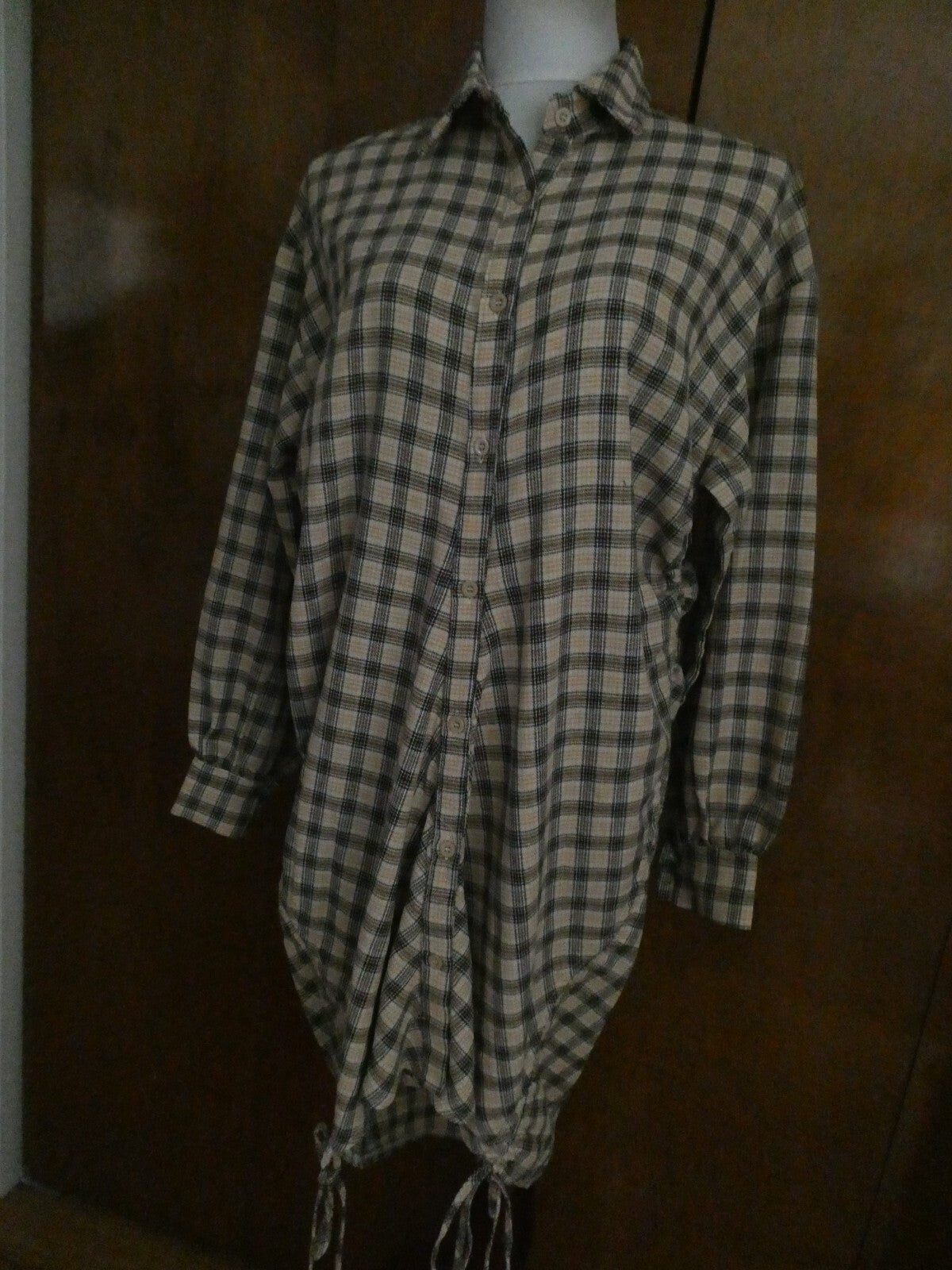 PRETTYLITTLETHING Shirt Dress Beige Check Oversized Detail Size 6
