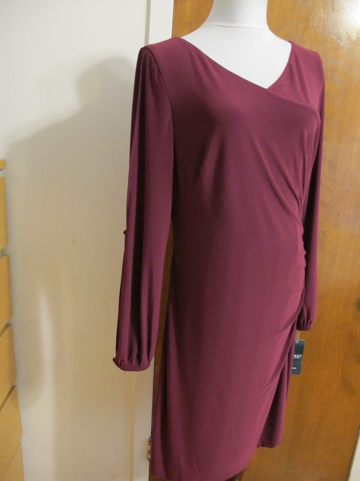 Ralph Lauren women's burgundy long sleeves with slits gathered classic dress 16