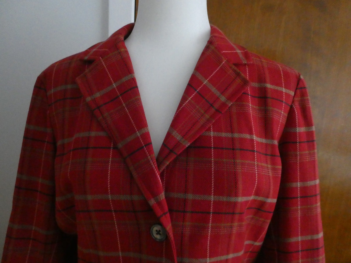 Eddie Bauer Women Red Plaid Lined Wool Blend 3 Buttons Blazer Jacket Size Large
