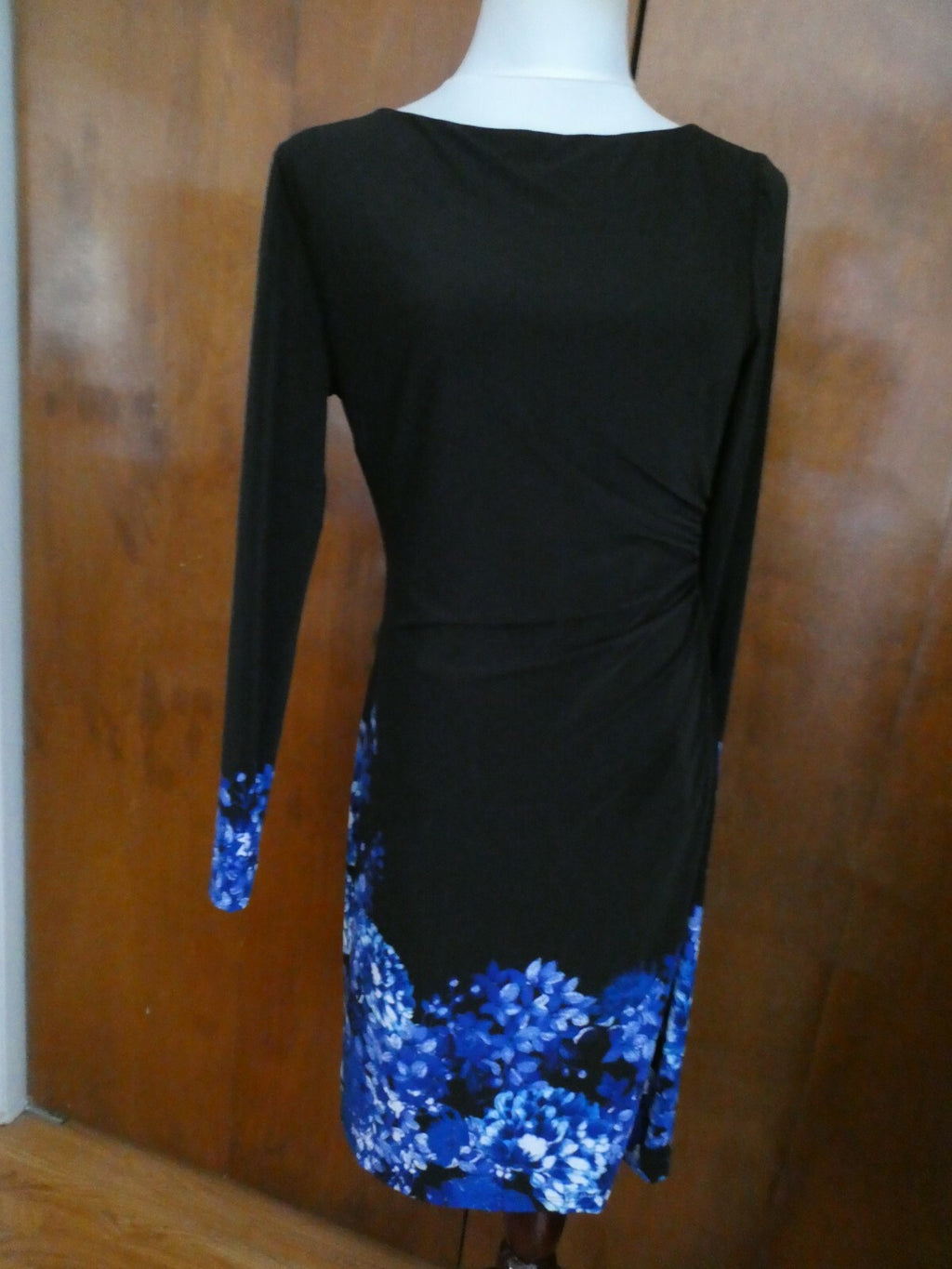 Ralph Lauren women black/blue floral lined stylish gathered long sleeve dress  