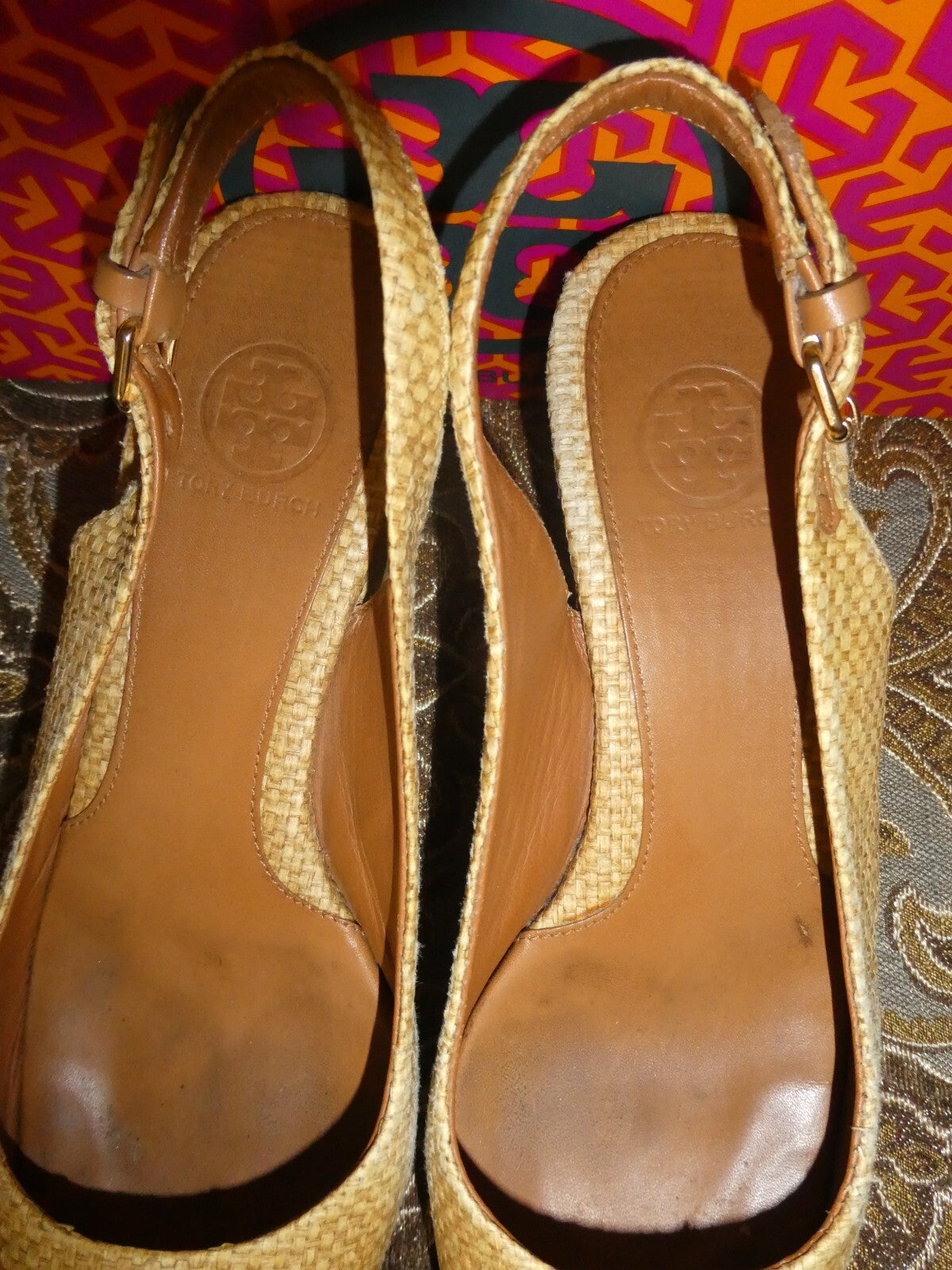 Tory Burch Textile Upper Leather Wedge Sandal Beige Size 7M