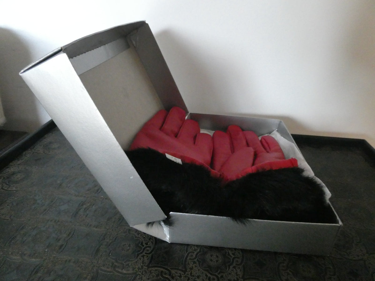 Vintage Charter Club Red Genuine Leather Gloves 7.5 Real Rabbit Fur Cuff New Box