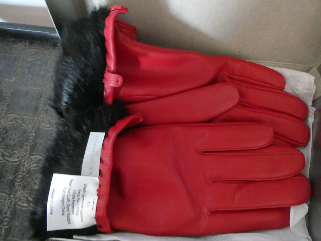 Vintage Charter Club Red Genuine Leather Gloves 7.5 Real Rabbit Fur Cuff New Box