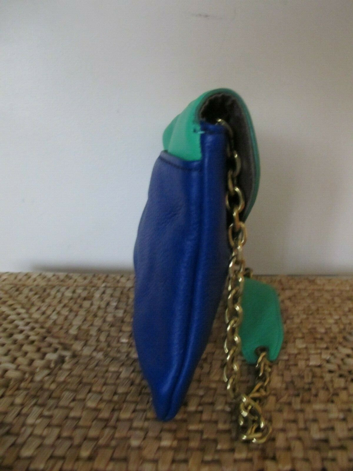 J CREW Women's Blue Green Pebbled Leather Shoulder Tote Bag Clutch Purse