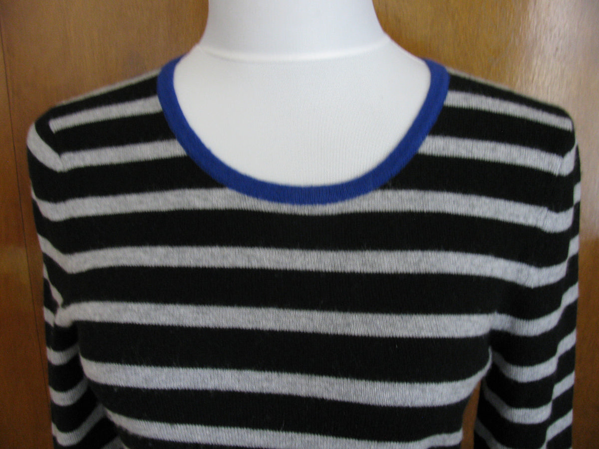 Bloomingdale Aqua women's striped, black, gray blue cashmere dress Sz. XS, S, M