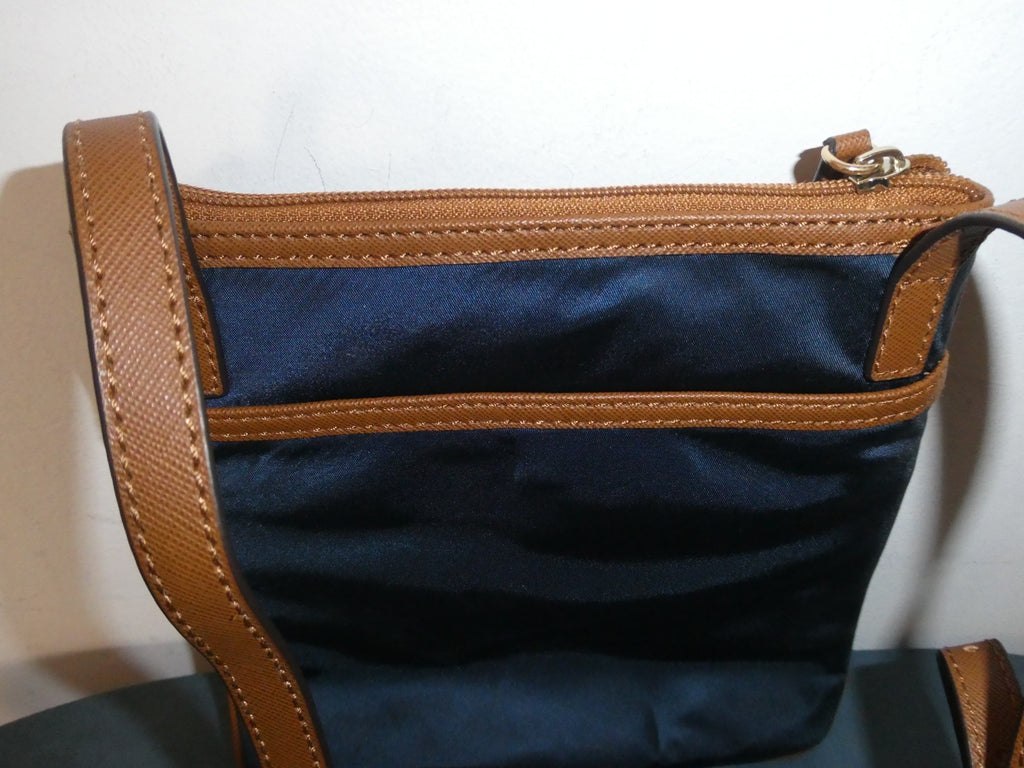 Michael Kors Navy Nylon Crossbody Bag Brown Trim 5 Pocket Gold Tone EUC