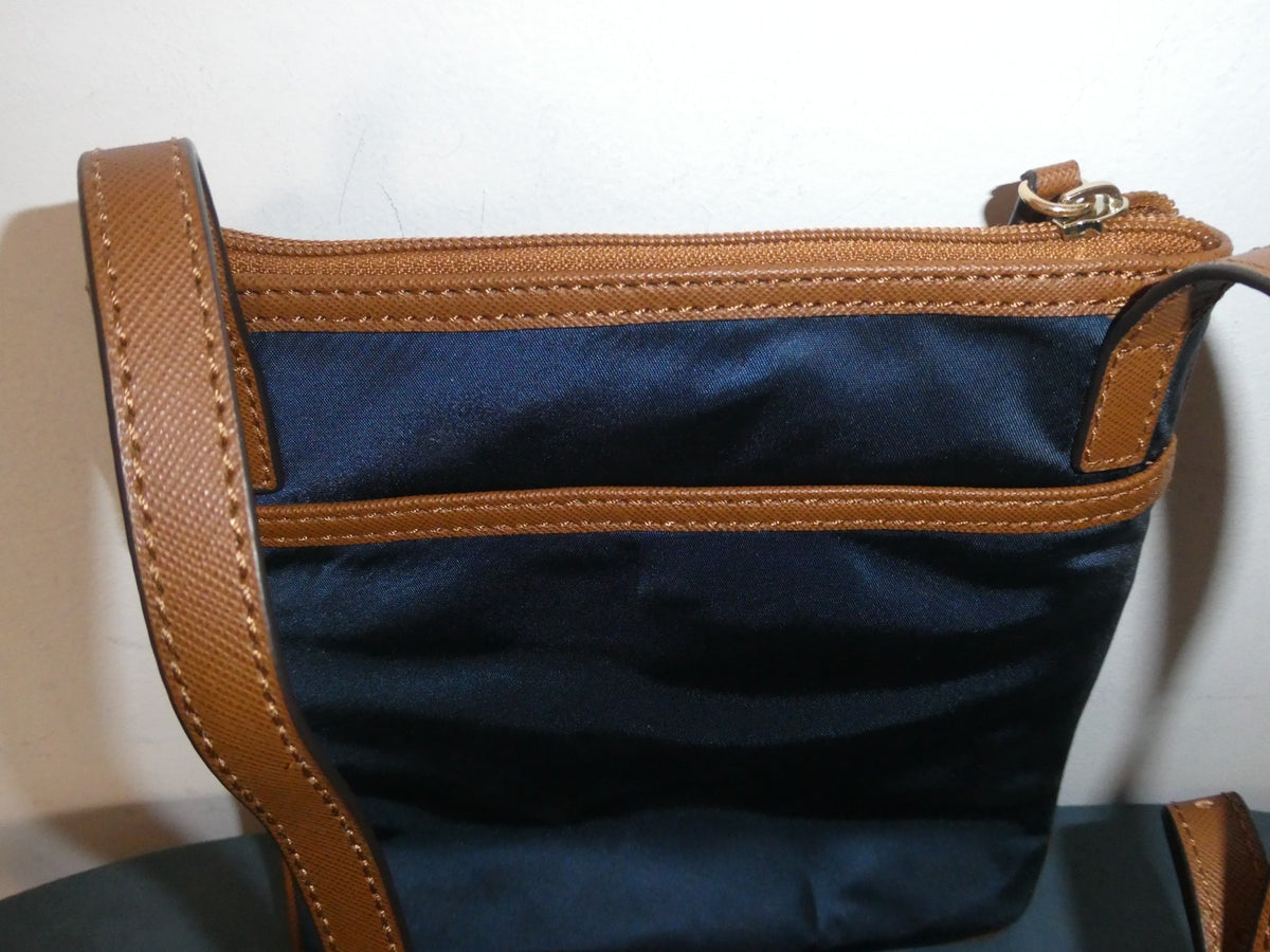 Michael Kors Navy Nylon Crossbody Bag Brown Trim 5 Pocket Gold Tone EUC