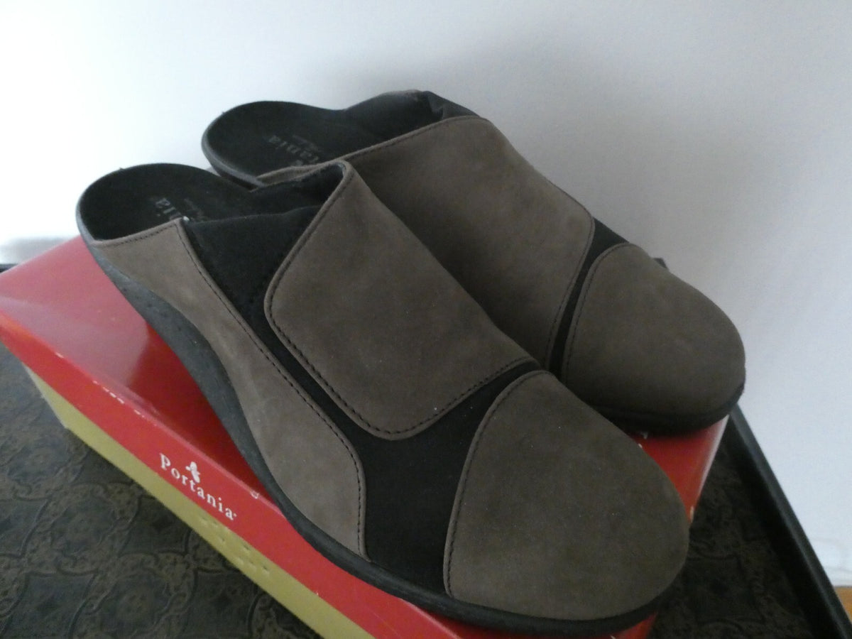 Portania Mokassina taupe nubuk brown suede mule women’s US 9 EU 40