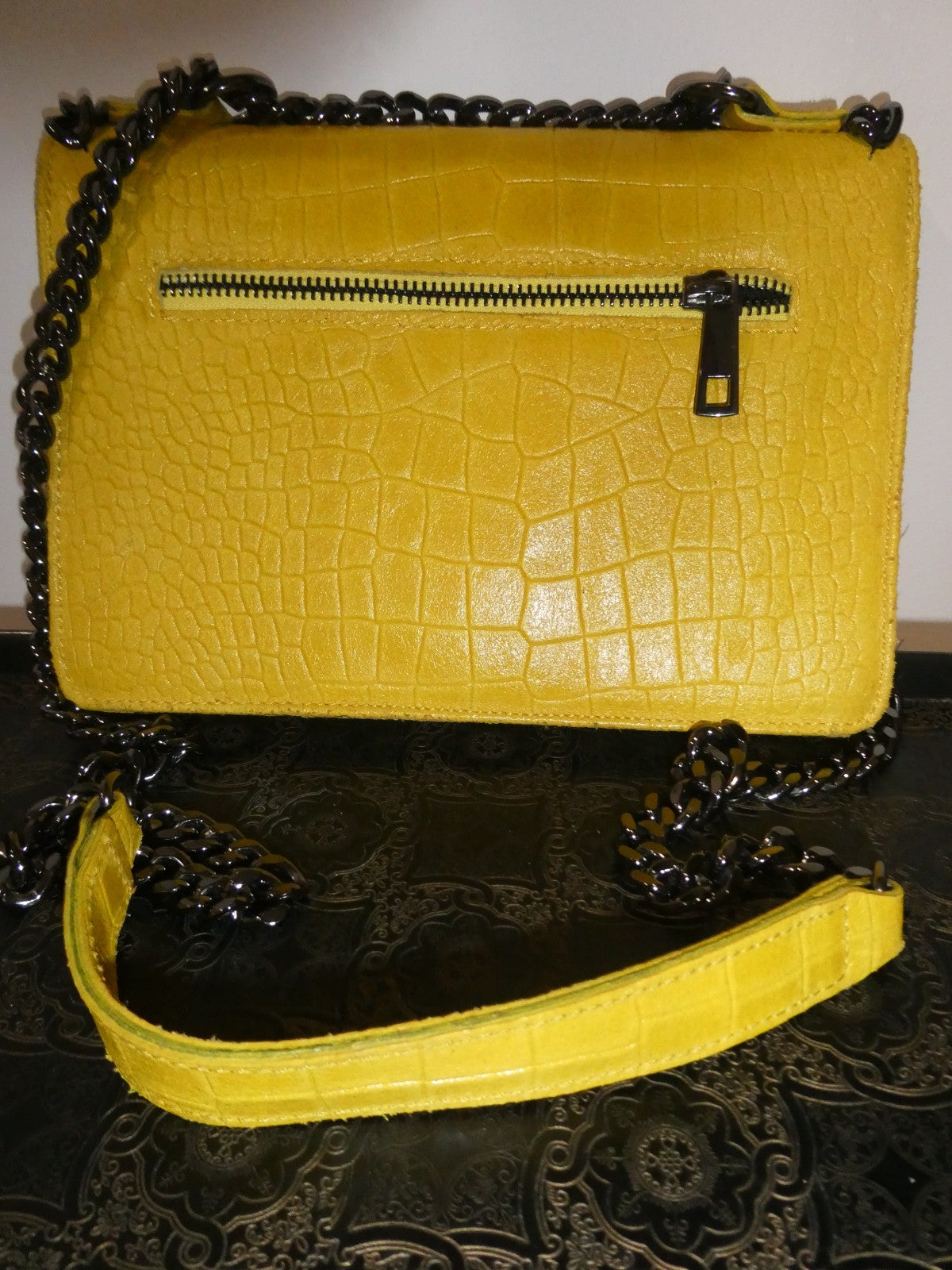 Italian Genuine Leather Chain Shoulder Crossbody Bag 9x7x 2 Mustard Yellow Italy