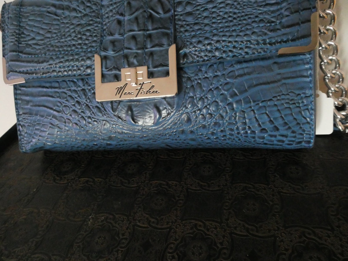 Mark Fisher Women’s Purse Handbag Blue Croc Print Faux Chain Clutch Silver Snap