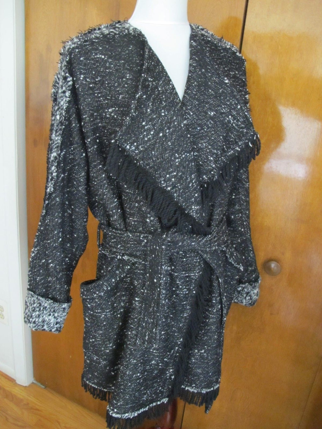 Free People Womens Black Combo Lined Fringe Wrap Coat Medium NWT fits Large